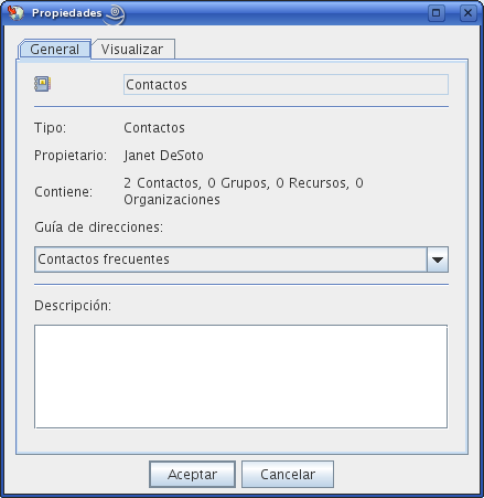 Recuadro de diálogo Propiedades de la carpeta Contactos