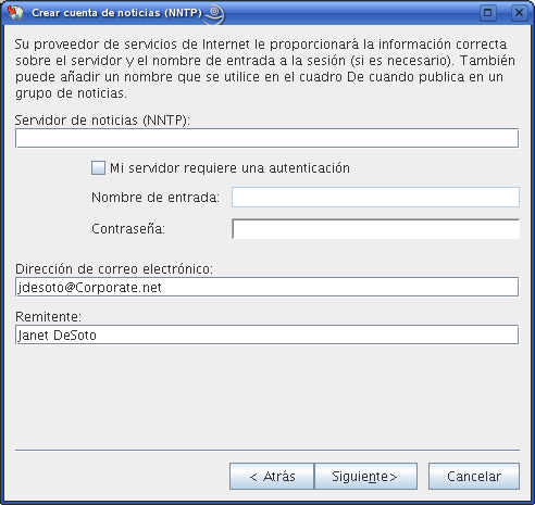 Recuadro de diálogo Crear cuenta de noticias (NNTP)