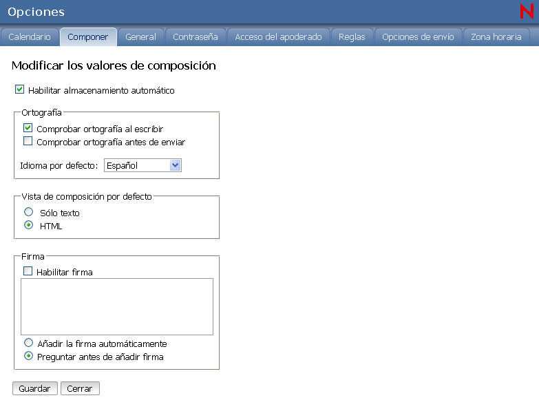 Vista de opciones de composición