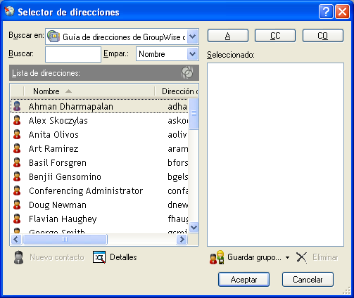 Recuadro de diálogo Selector de direcciones