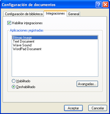 Recuadro de diálogo Configuración de documentos con la pestaña Integraciones abierta