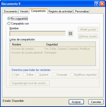 Recuadro de diálogo Propiedades del documento con la pestaña Compartición abierta