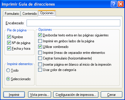 Recuadro de diálogo Imprimir Guía de direcciones con la pestaña Opciones abierta