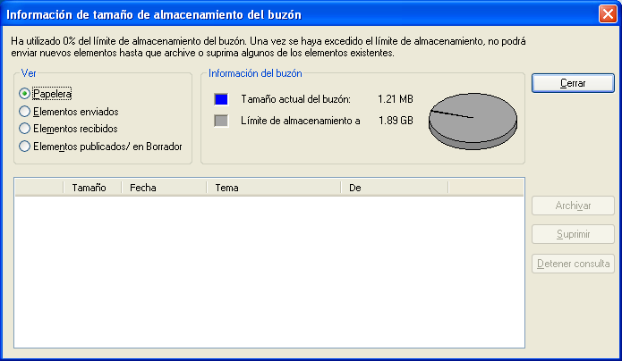 Recuadro de diálogo Información de tamaño de almacenamiento del buzón