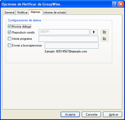 Recuadro de diálogo Opciones de notificación con la pestaña Alarmas abierta