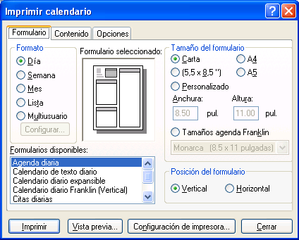 Recuadro de diálogo Imprimir calendario