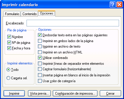 Recuadro de diálogo Imprimir calendario con la pestaña Opciones abierta
