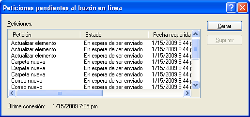 Recuadro de diálogo Peticiones pendientes