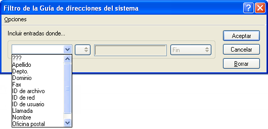 Recuadro de diálogo Filtro de la Guía de direcciones del sistema