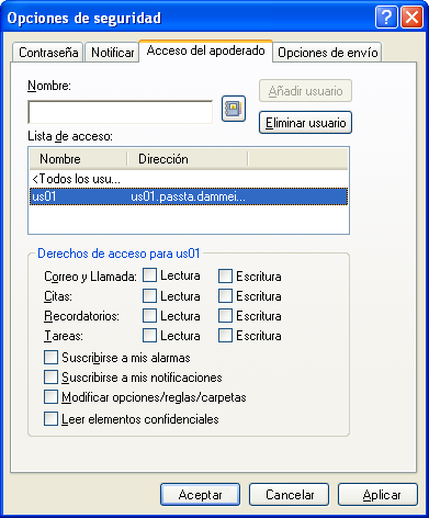 Recuadro de diálogo Opciones de seguridad con la pestaña Acceso del apoderado abierta