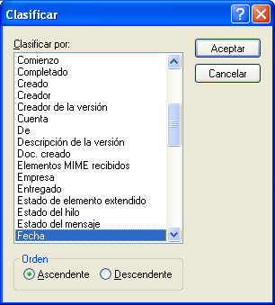 Recuadro de diálogo Clasificar