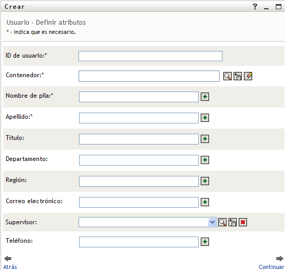 Panel para definir atributos de usuario