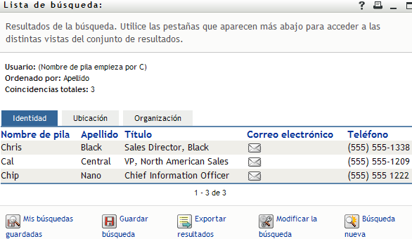 La página Lista de búsqueda muestra los resultados de la búsqueda 