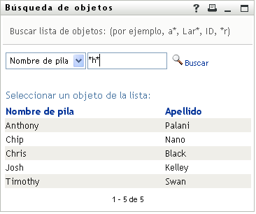 La página Búsqueda de objetos muestra los resultados de la búsqueda
