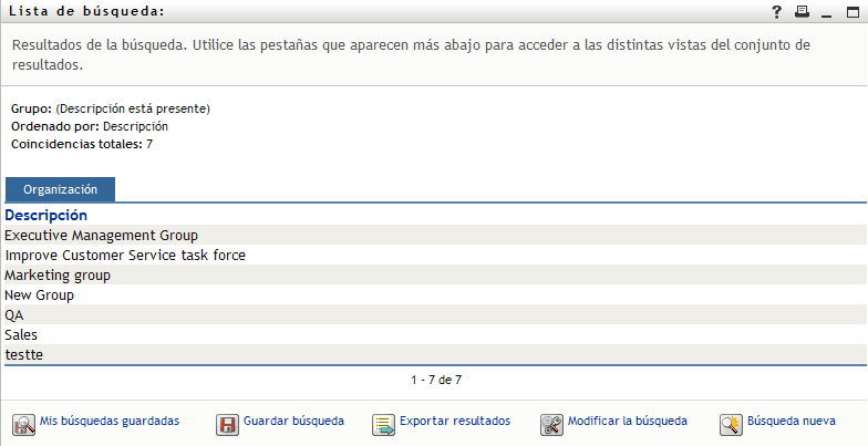 La página Lista de búsqueda muestra los resultados de búsqueda en una única pestaña