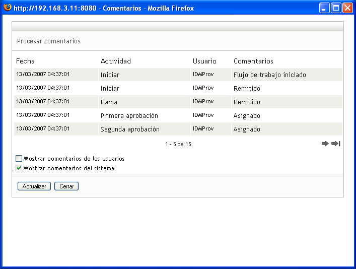 Casilla de verificación Mostrar comentarios del sistema 