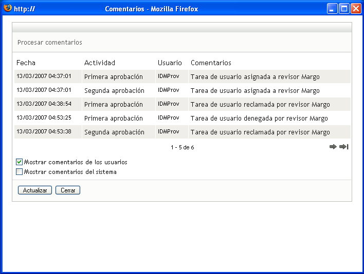 Casilla de verificación Mostrar comentarios de los usuarios 