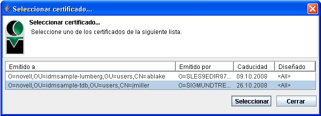 Ventana de selección de certificado 