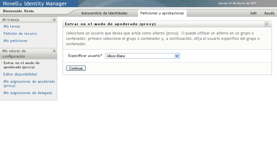 Página Entrar en el modo de apoderado (proxy) 