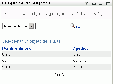 La página Búsqueda de objetos muestra los resultados de la búsqueda