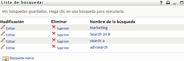 Lista de búsquedas guardadas de la página Lista de búsquedas