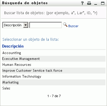 La página Búsqueda de objetos muestra los resultados de la búsqueda