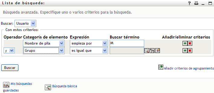 Especificación de criterios de búsqueda avanzados en la página Lista de búsqueda