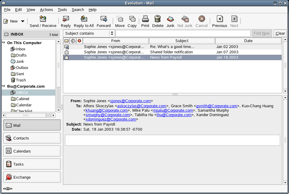 Ventana de la bandeja de entrada de correo electrnico de Evolution