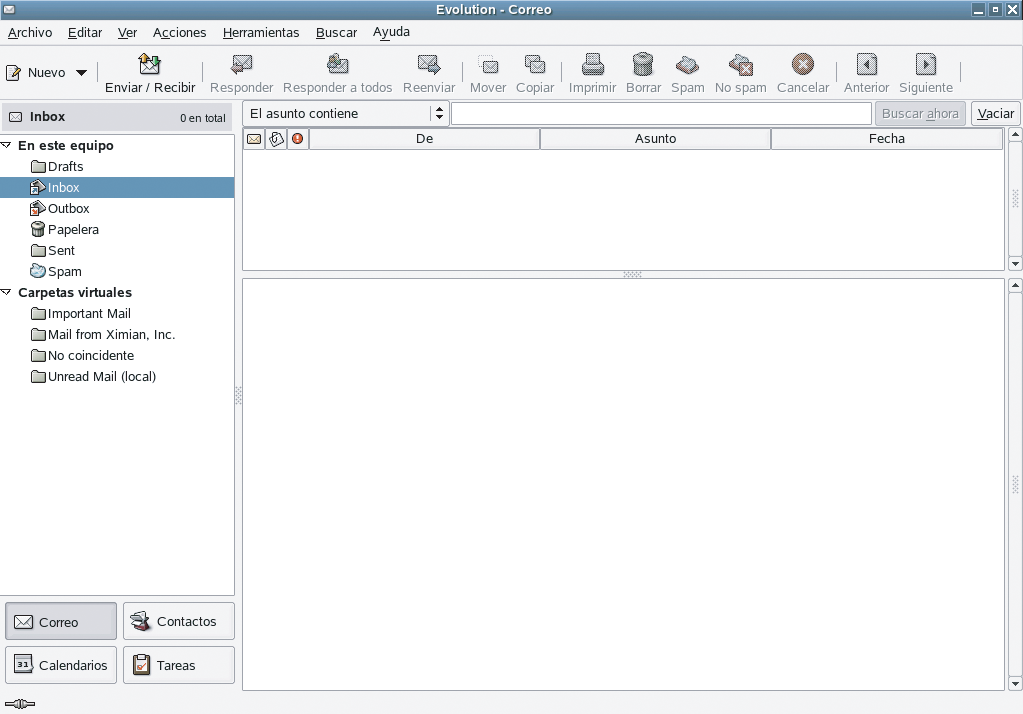 Ventana principal de correo de Novell Evolution