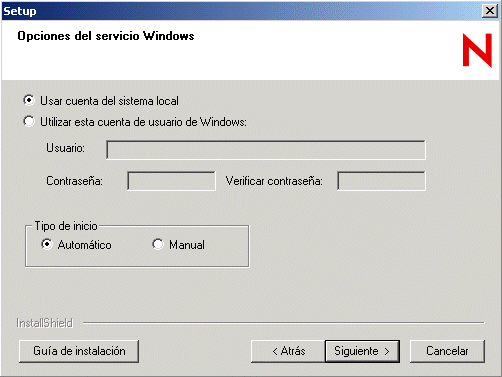 Recuadro de dilogo Opciones de servicio de Windows