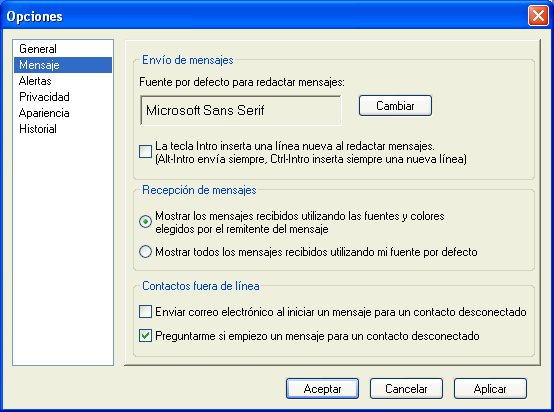 Recuadro de dilogo Opciones con la pgina Mensaje