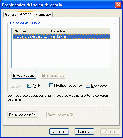 Página de propiedades del salón de charla