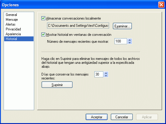 Recuadro de diálogo Opciones con la página Historial