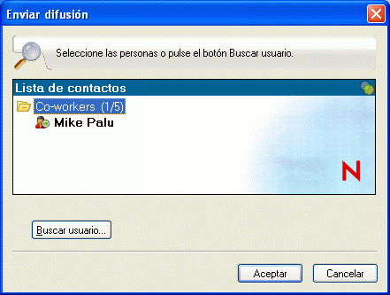 Recuadro de diálogo Enviar difusión con el botón Buscar usuario