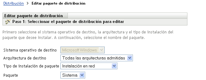 Asistente Editar paquete de distribución > página Seleccionar el paquete de distribución para editar