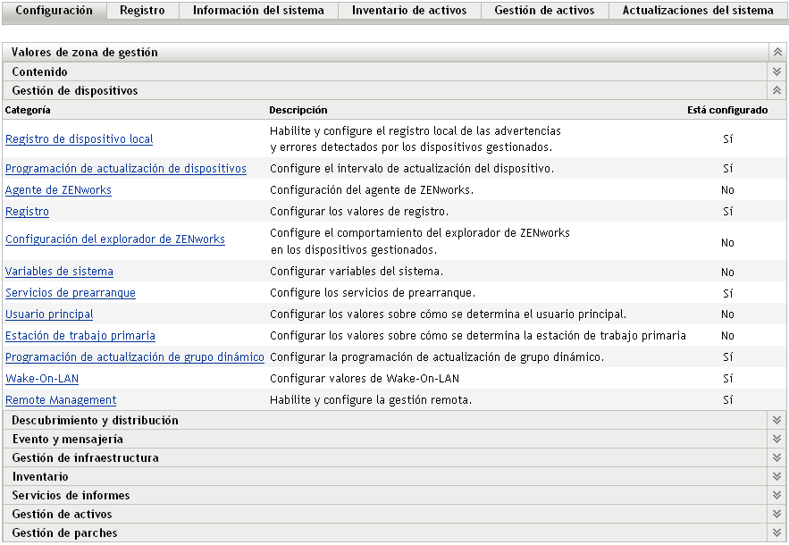 Página Configuración