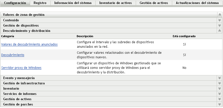 Panel Descubrimiento y distribución (pestaña Configuración > panel Valores de zona de gestión)