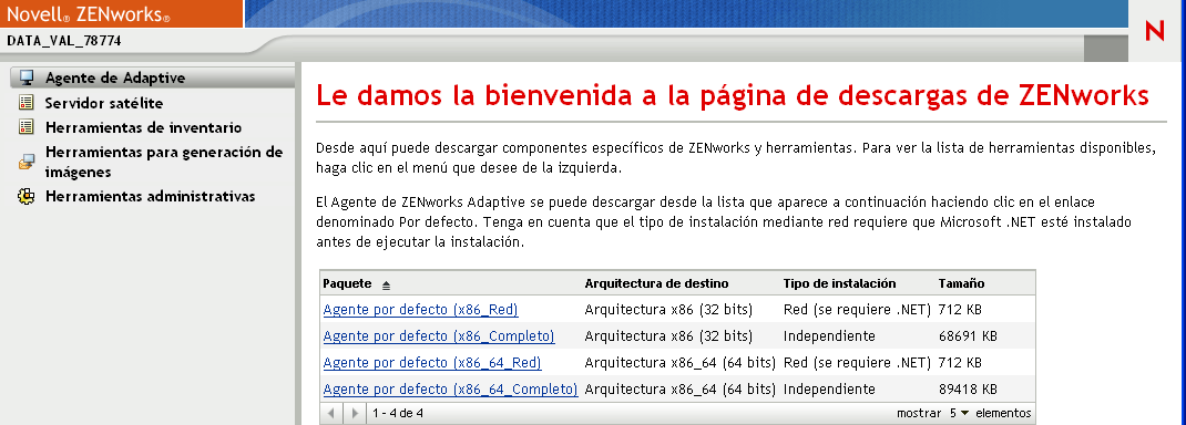 Página de descarga de ZENworks