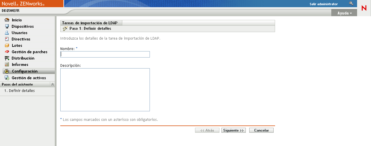 Asistente Tareas de importación de LDAP > página Definir detalles