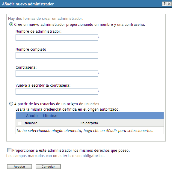 Recuadro de diálogo Añadir nuevo administrador