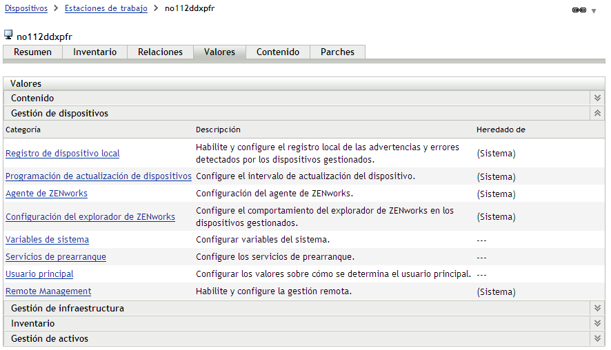  Panel de valores de dispositivo