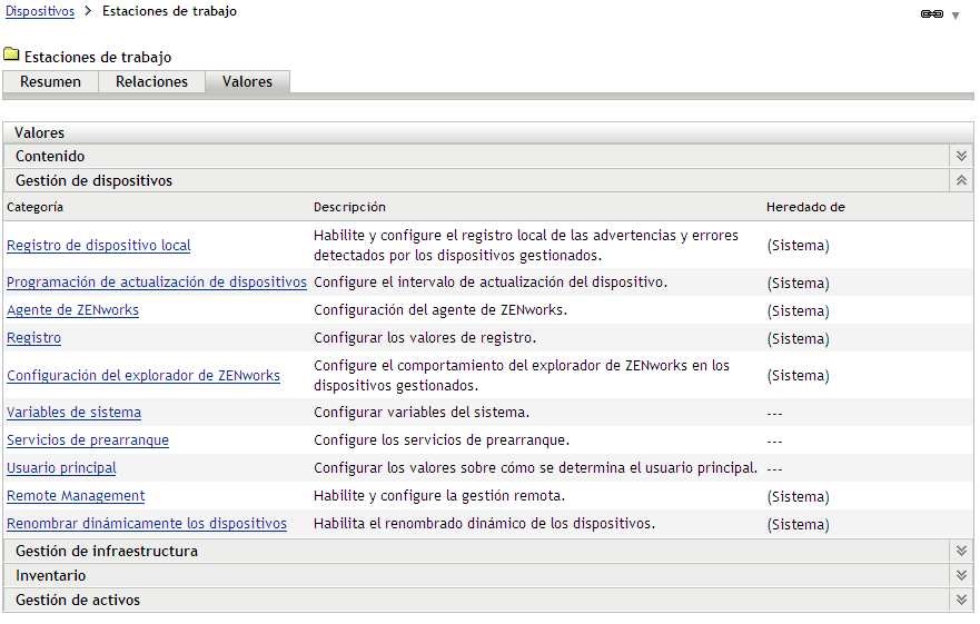 Página de valores de carpeta de dispositivos