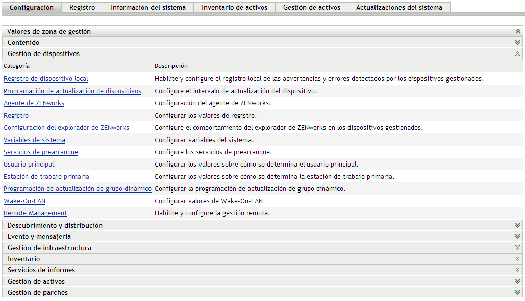 Pestaña Configuración: valores de configuración de Gestión de dispositivos