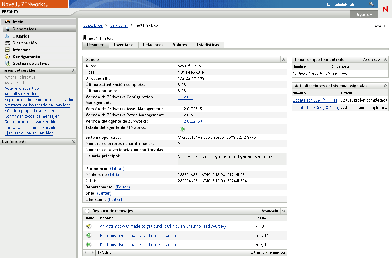 Página de detalles de dispositivo