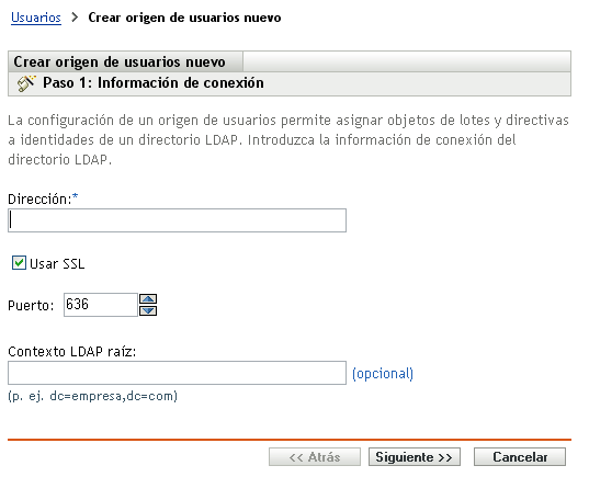 Asistente Crear origen de usuarios nuevo: página Información de conexión