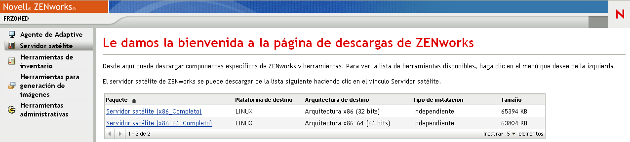 Página de descarga de ZENworks