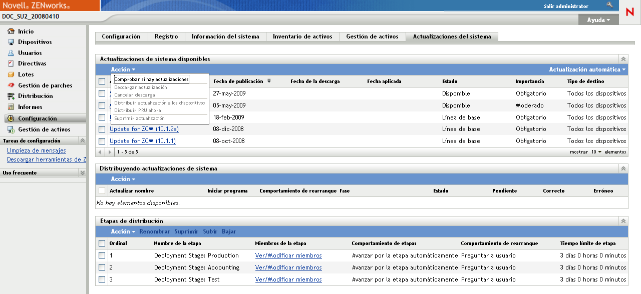 Panel Actualizaciones de sistema disponibles con opciones de Acción