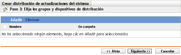 Página del asistente Elija los grupos y dispositivos de distribución