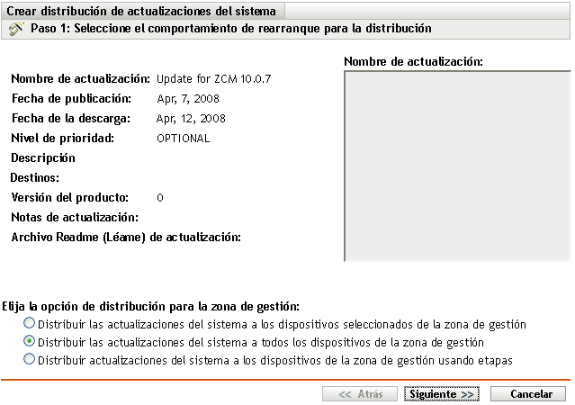 Página del asistente Elija la actualización del sistema y la opción de distribución