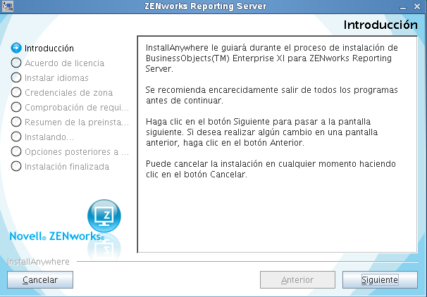 Asistente de ZENworks Reporting Server